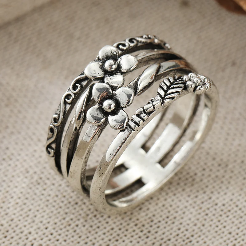 Countryside Style Relief Flower Multi Layer Hollow Ring Vintage Silver Plated Texture Ring Daily Travel Casual Women's Accessory