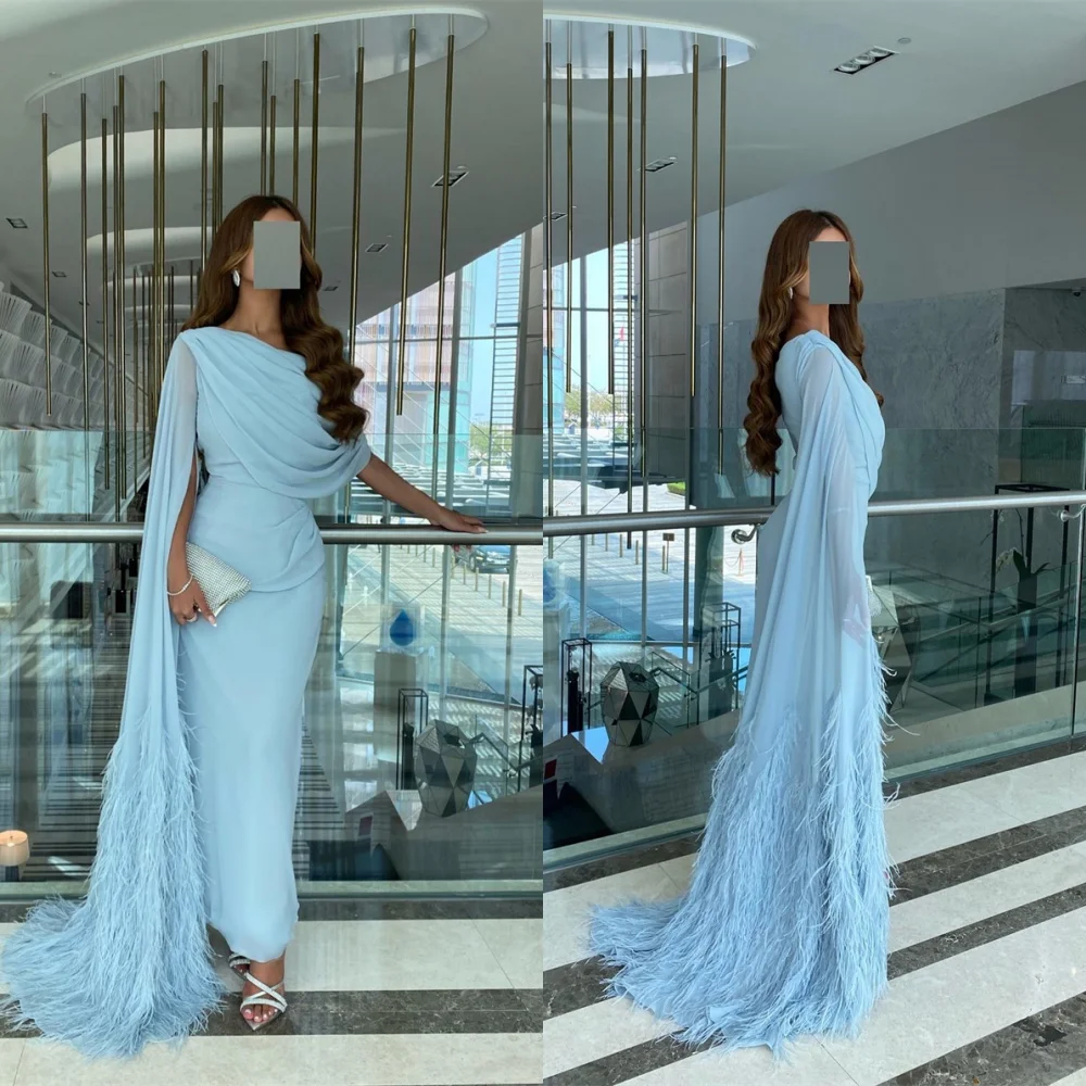 

Customized Graceful Light Blue Chiffon Evening Dress Delicate Crew Neck Long Sleeves Zipper Back Feathers Homecoming Dress