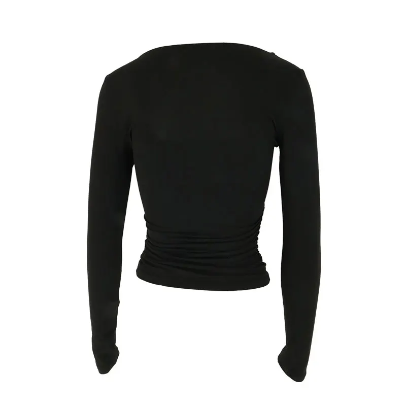 Herbst Neu Damen T-Shirt Streetwear Mode Langarm Lässig Schmal Vielseitig Damen T-Shirt Einfarbig Sexy Tiefer Ausschnitt Oberteile Kleidung – Detail 20