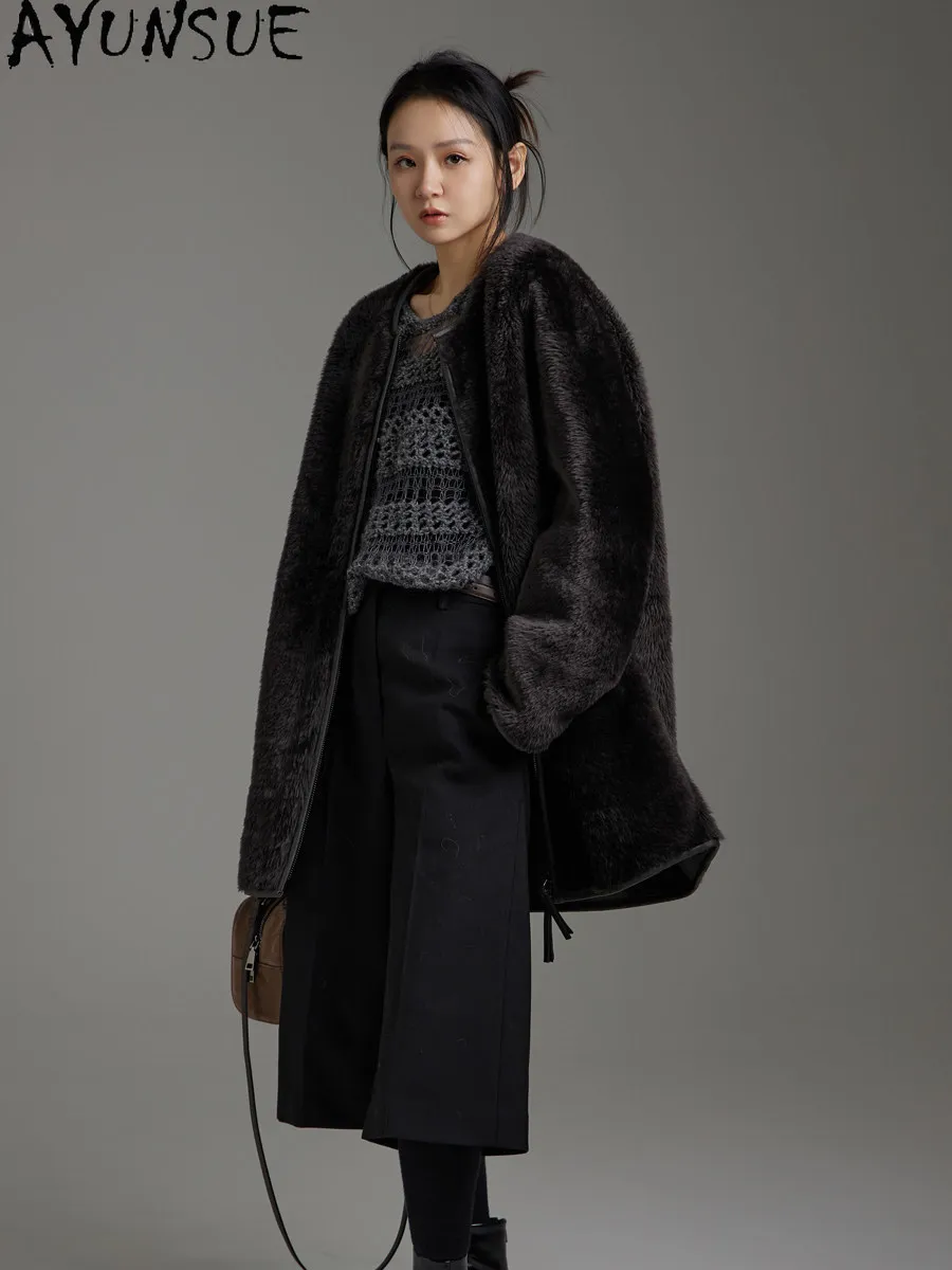 

AYUNSUE Natural Merino Sheepskin Coat Woman Fashion Real Fur Jacket Women Mid-long Winter Clothes Straight Wool Casaco Feminino