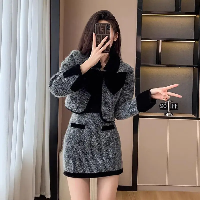 Women\'s Autumn/winter French Elegant Tweed Suit Skirt Set, Retro Solid Contrasting Woolen Suit Collar Jacket Skirt Two-piece Set