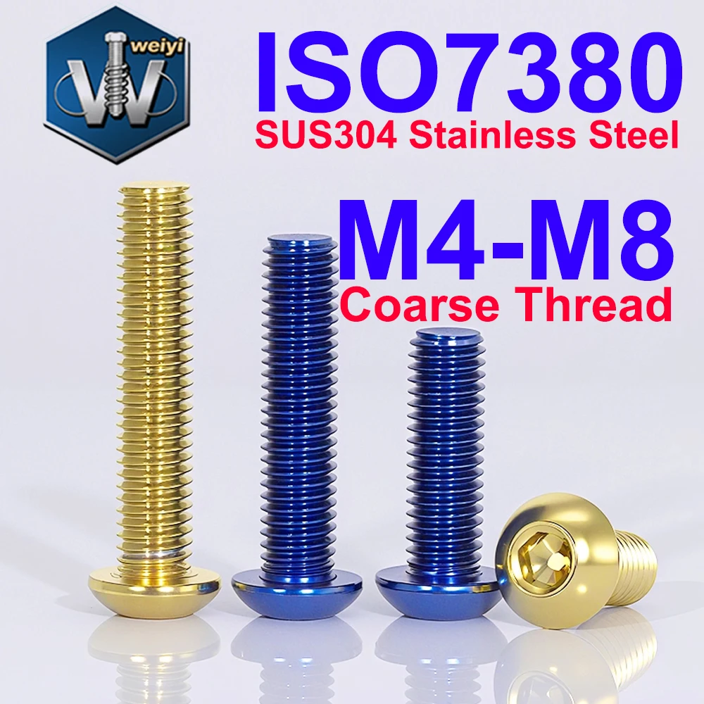 

YANKUN M4 M5 M6 M8 ISO7380 Hex Socket Button Head Screws SUS304 Stainless Steel Titanium Blue and Gold Plated Allen Key Bolts