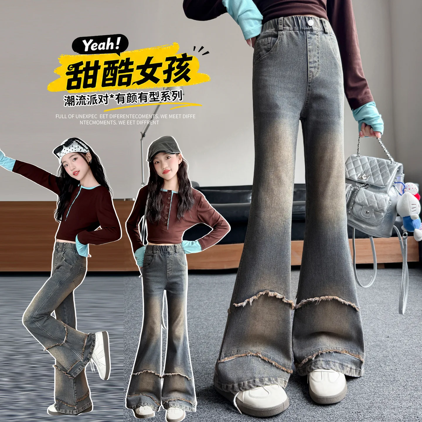 2026 Spring Autumn New Girls Flare Denim Jeans High Waist Stretch Slim Fit Retro Micro Bell Bottom Pants For Teen Kids