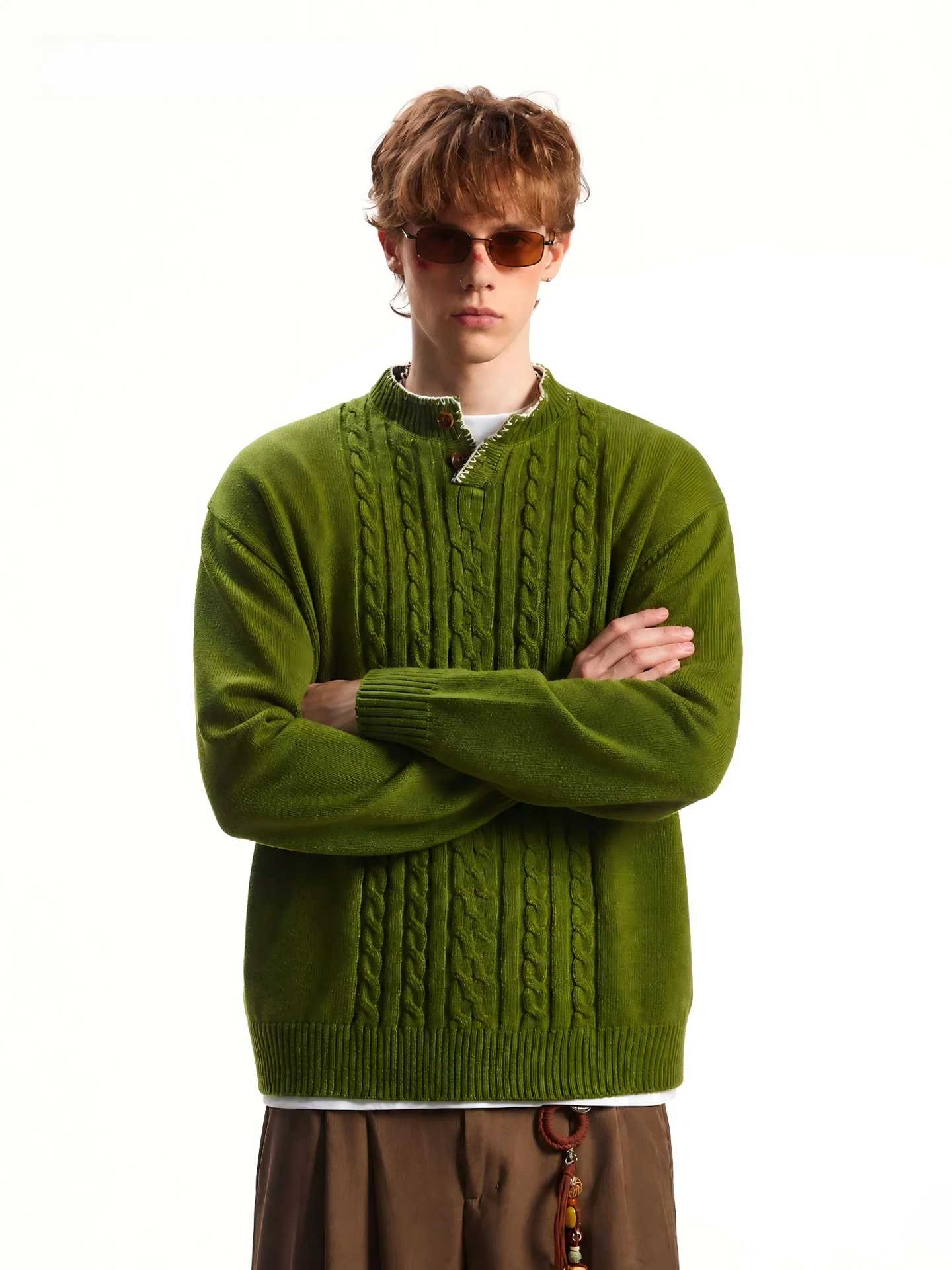 SDMADE Retro Henry Collar Knitwear Men Women Lazy American Style Sweater Warmth Comfortable Long Sleeve Cable Knit Top