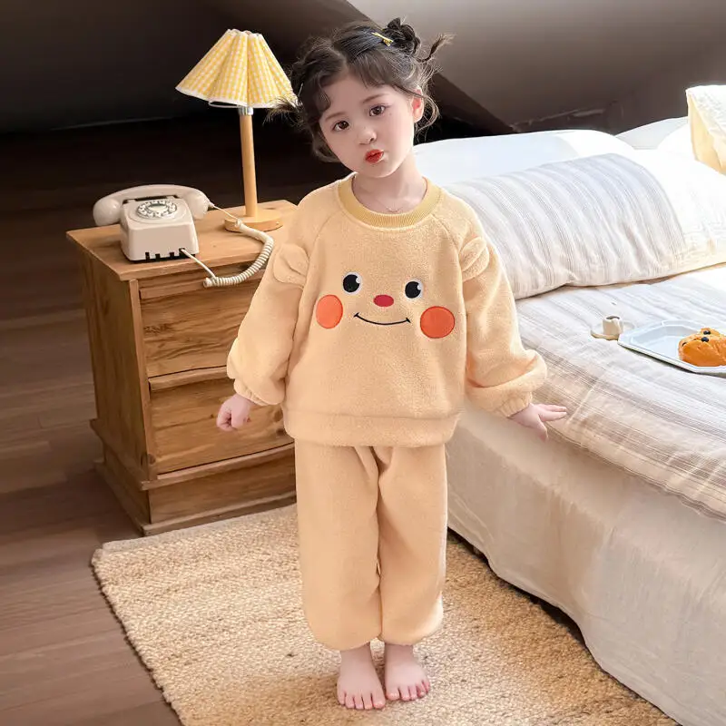 

2025 Girls' Autumn Winter Flannel Loungewear Cartoon Homewear Warmth Pajama Set Children Clothes Comfortable New Fashion Pj Set