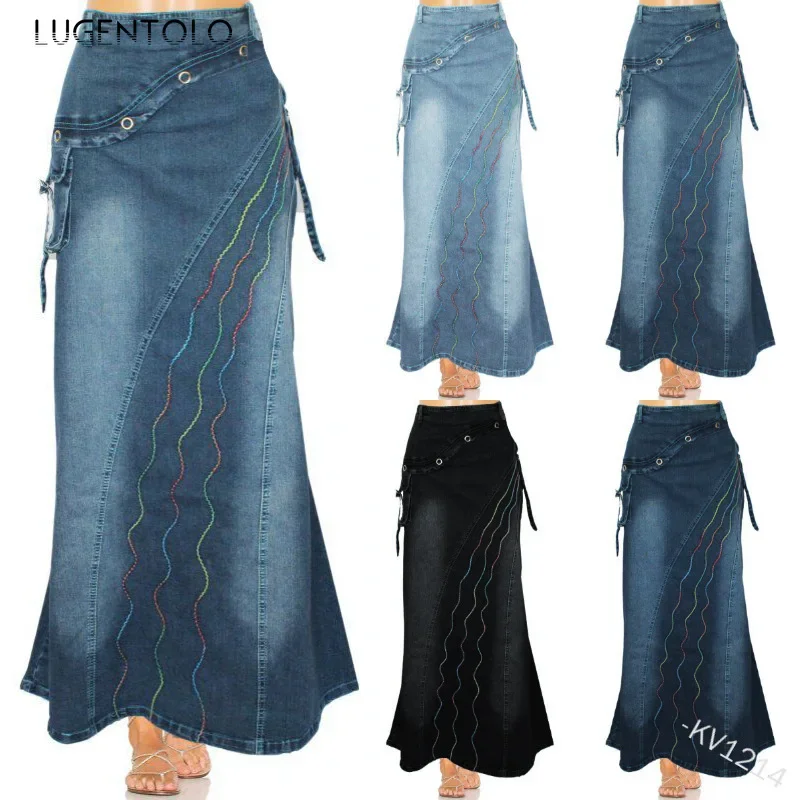 

Lugentolo Women's Retro Art Skirt 2024 Stitching Big Swing Fishtail Fashion Denim New Lady Long Casual Clothing