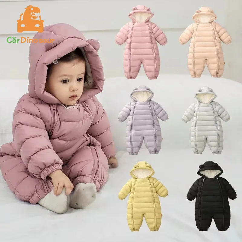 

2025 Winter Warm New Born 6M 9M 12M 24M 73 80 90 100cm Toddler Infant Hooded Jumpsuit Overalls Coat Plus Velvet Baby Boy Rompers