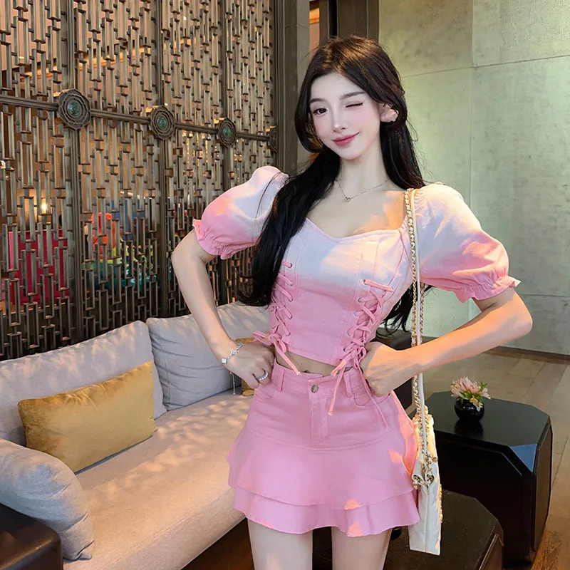 

Gradient color versatile bubble sleeve short top high waisted slim skirt denim two piece sets