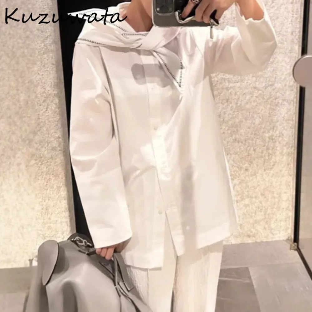 Kuzuwata 2025 Early Spring New Scarf Collar Shirt Elegant Casual Vintage Literary Minority Blouses Japan French Style Loose Tops