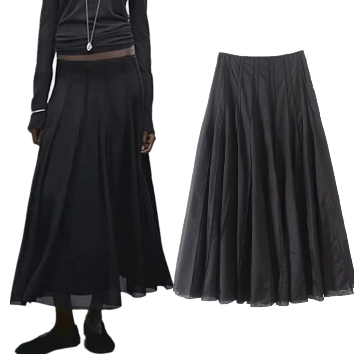 

Dave&Di British Fashion Women's Mesh Cotton Splicing Elegant Skirt Women Commuter Leisure High Waist Big Swing Skirt Female