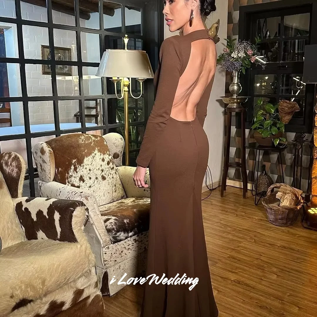 ブラウン長袖マーメイドバックレスイブニングドレス فساتين سهرات フロアレングスウェディングパーティードレスプリーツカスタマイズ