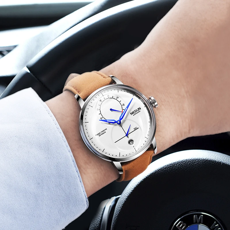 NESUN men's automatic mechanical watch, luminous fashion skeleton flywheel men's watch, calendar and day function