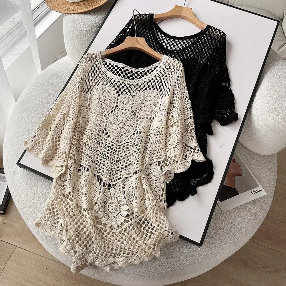 

2024 New T-Shirt Women Knitting Lace Long Beach Holiday V-Neck Hollow Bat Summer Style Basic Tops Tees Loose Clothing