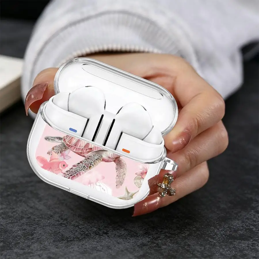 Clear Earphone Cases Cover With Hook Case For Redmi Buds 5 7 8Active 6 Pro 6Active 8 Lite Pink Sea Turtle Print