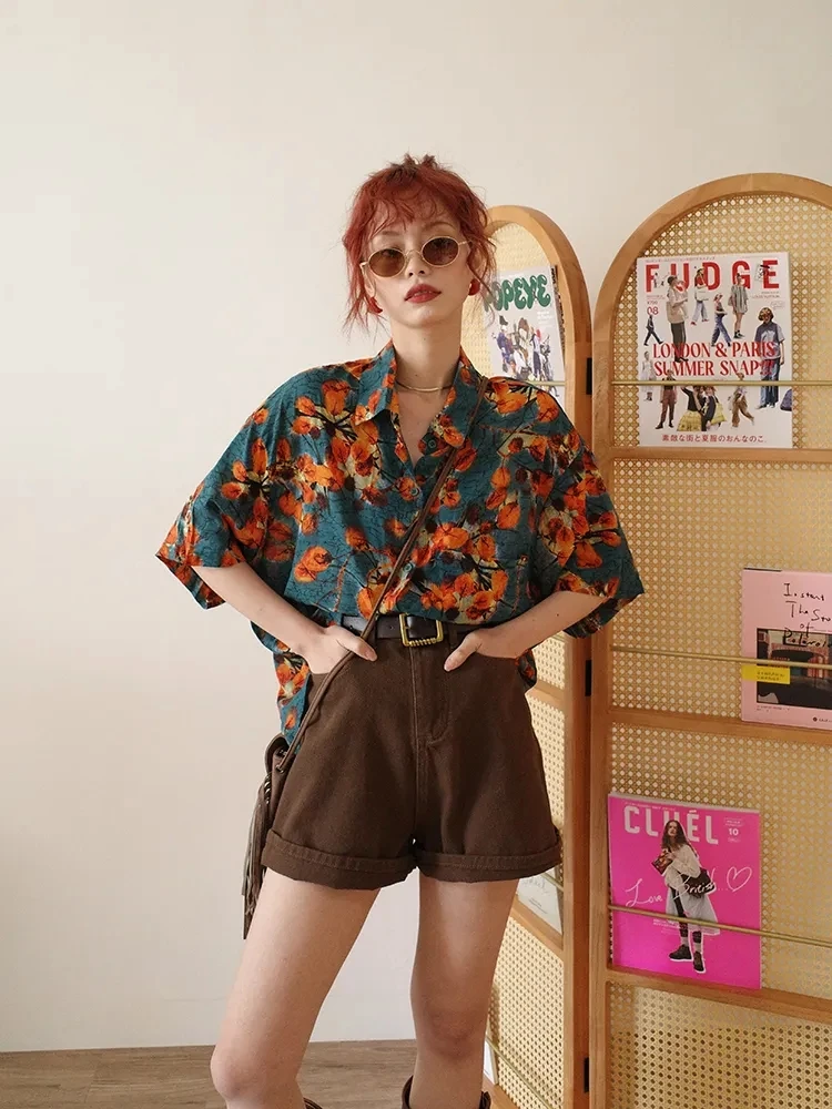 Vacation Short Sleeve T Shirt Loose Flower Print Vintage Y2K Clothes Summer Blouses Woman 2023