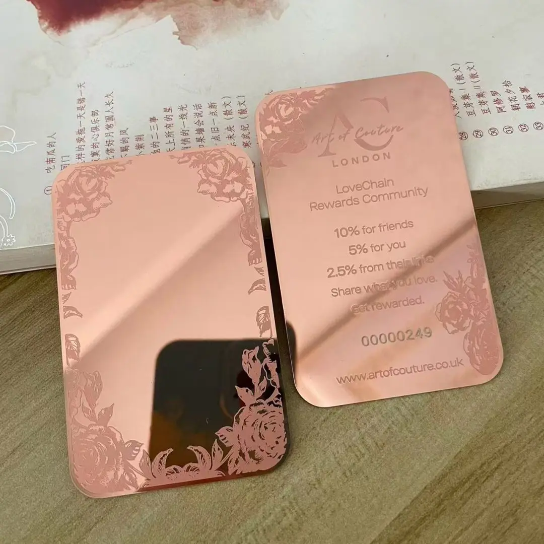 Customized minimalist rounded rose gold mirror metal business card printing and polishing VIP stainless steel card