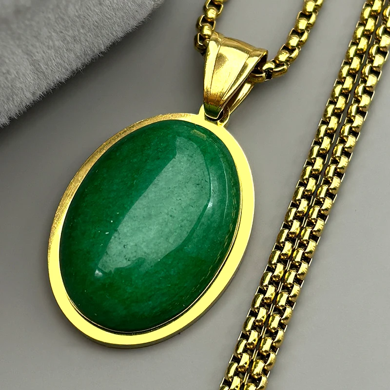 Trendy Naturstein Weiblichen Kette Für Frauen Männer Edelstahl Grün Oval Form Elegante Party Elegante Charme Halskette Schmuck – Detail 4