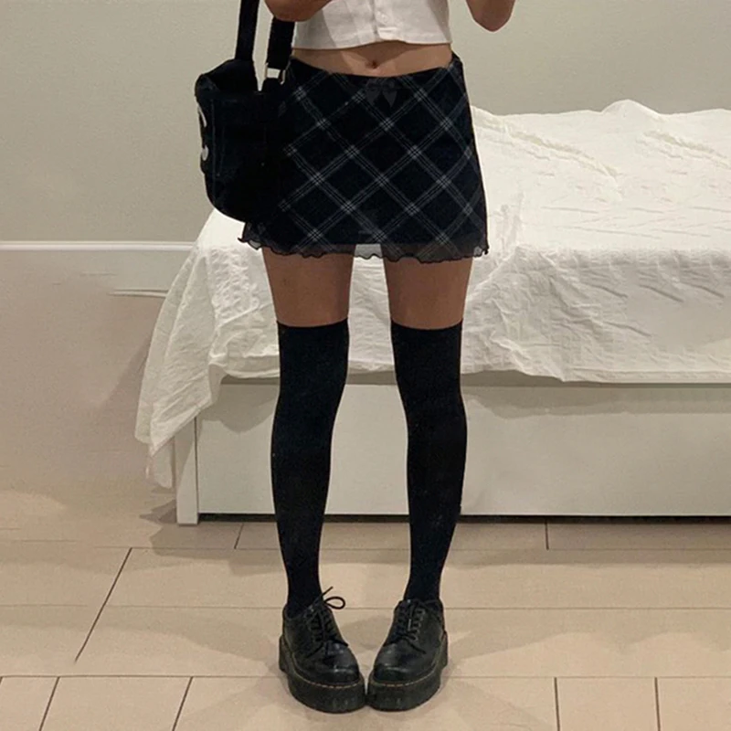 IAMHOTTY Vintage Plaid Double Layer Mesh Skirt High Waist Straight Mini Skirts Fairy Grunge Streetwear Korean Chic Y2K Skirts