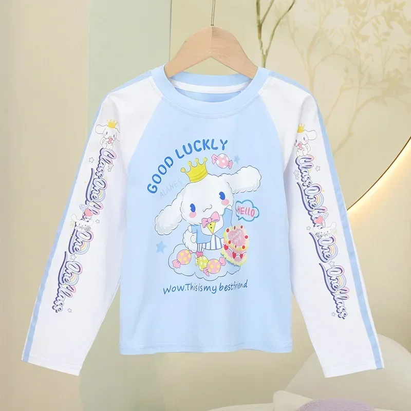 My Melody เสื้อยืดแขนยาวลายอะนิเมะสำหรับเด็กผู้หญิง, เสื้อคอกลมลายน่ารักสำหรับผู้หญิงพิมพ์ลาย Kuromi Cinnamoroll ฤดูใบไม้ร่วง Baju anak ของขวัญ