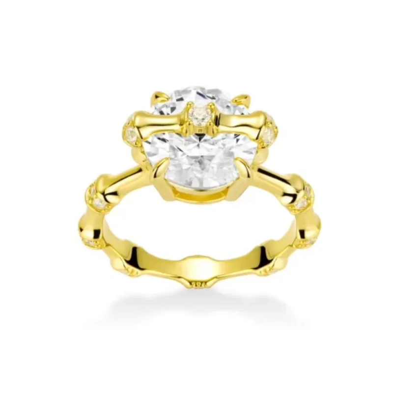 Bellux 925 Silver K Yellow Gold Plated Synthetic Zircon Gold Bamboo Knot Four Claw Single Diamond Shining Rings