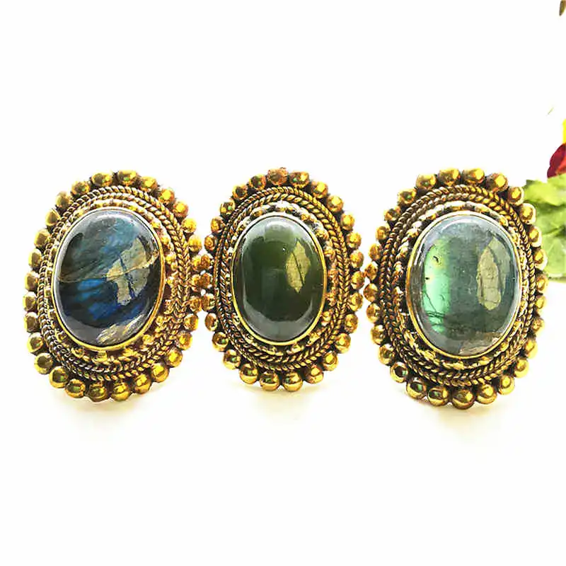 

Golden Brass inlaid Stone Ring Natural Labradorite Big Rings for Man R231