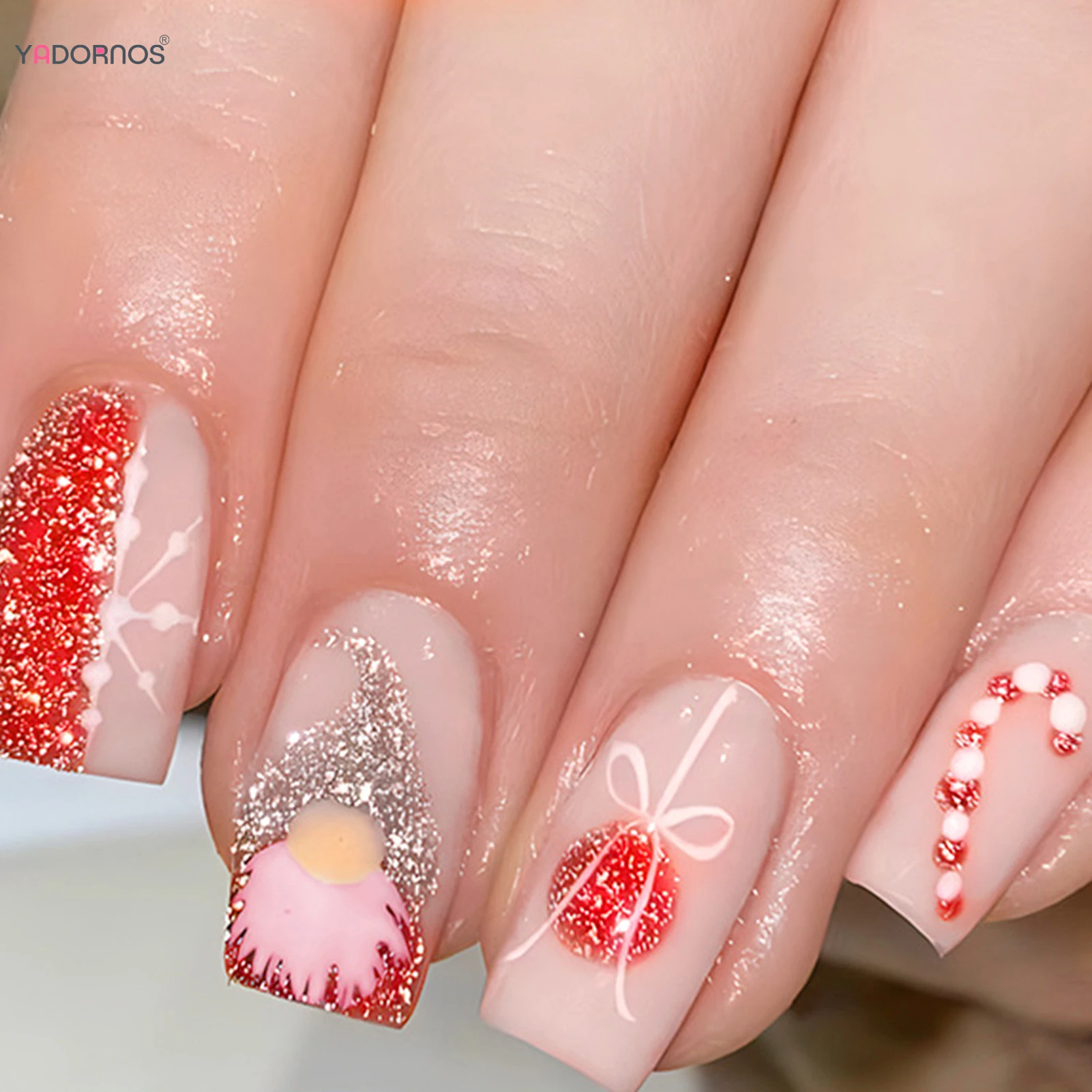 2025 unhas falsas vermelhas com gnome floco de neve impresso curto quadrado imprensa em unhas lantejoulas brilhantes encantos manicure para mulheres meninas