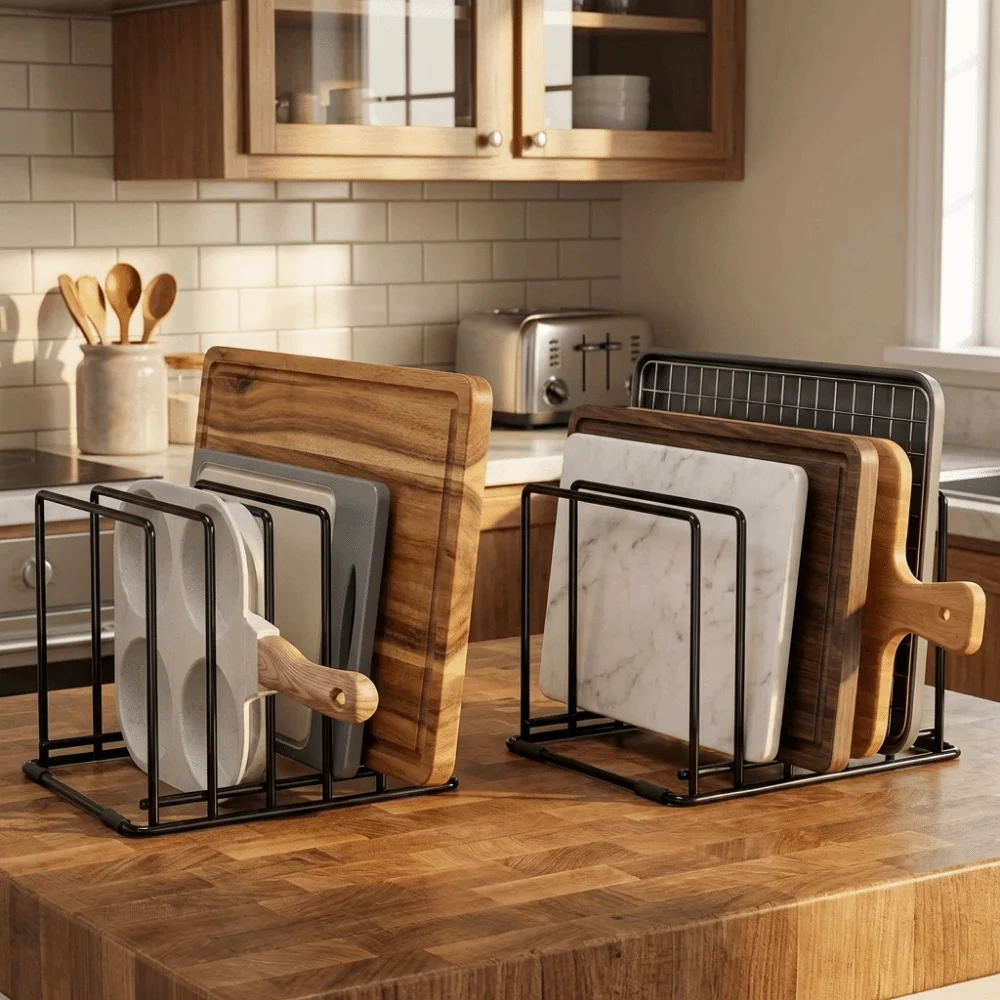 

Iron 5 Slots Divided Rack Rust-Resistant Heavy Duty Cutting Board Storage Rack with Anti-Slip Feet Space Saving Pan Storage Rack