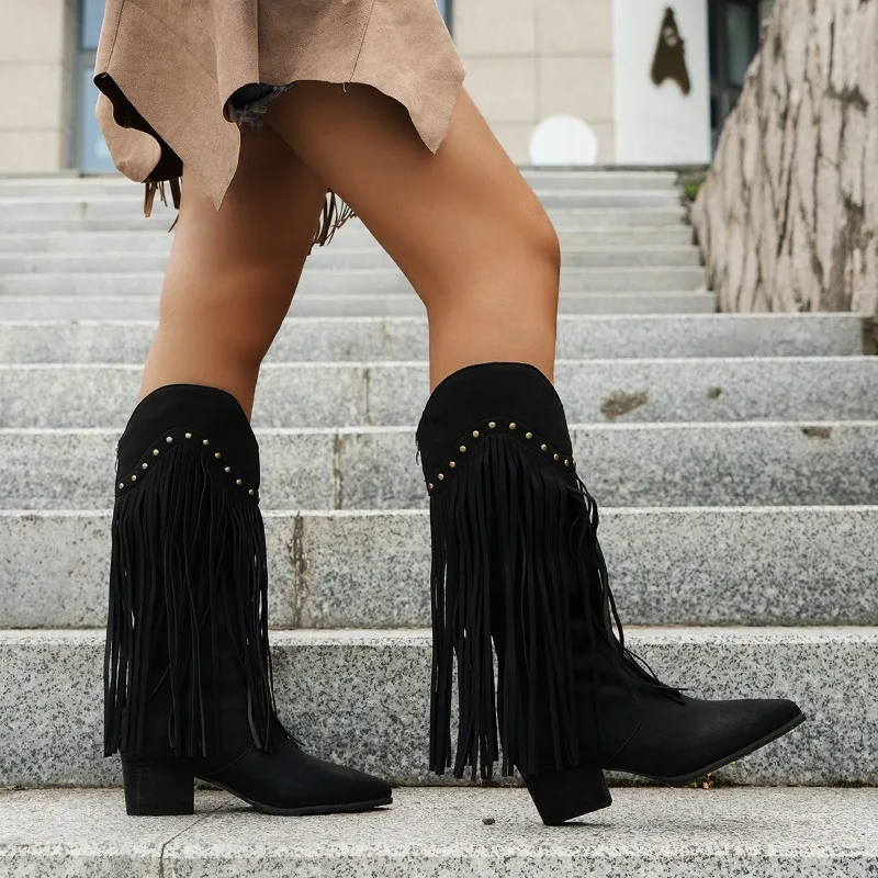 Women winter new simple solid color non-slip thick-soled high boots2024fashion tassel design casual shopping ladies formal boots