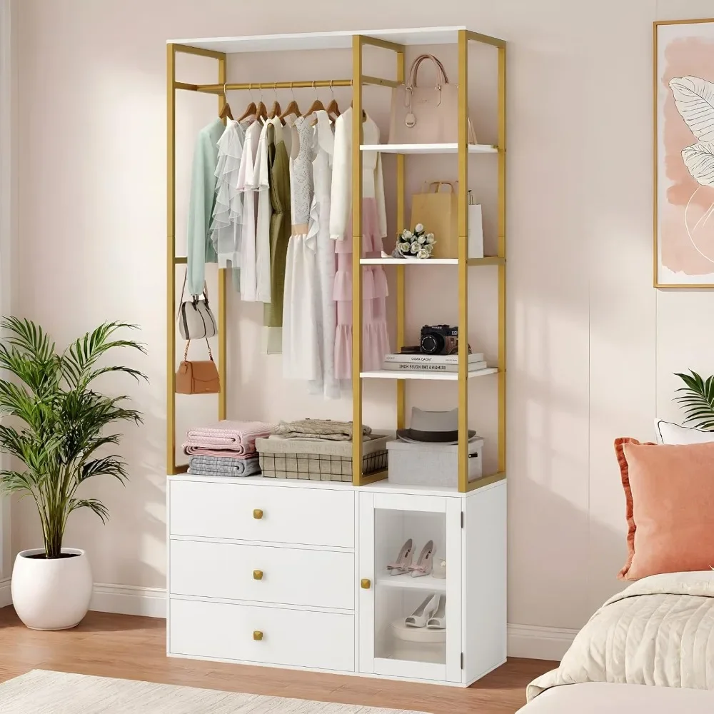Closet System Organizer, 81.3” H Wardrobe Closet with 3 Wooden Drawers, Clothes Rack with Hanging Rods