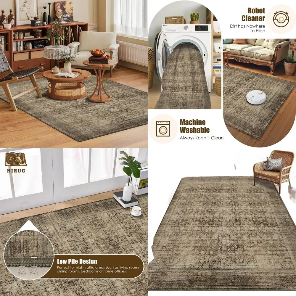 

5x7 Persian-Style Washable Rug - Non-Slip, Distressed, Mocha & Taupe for Home Decor