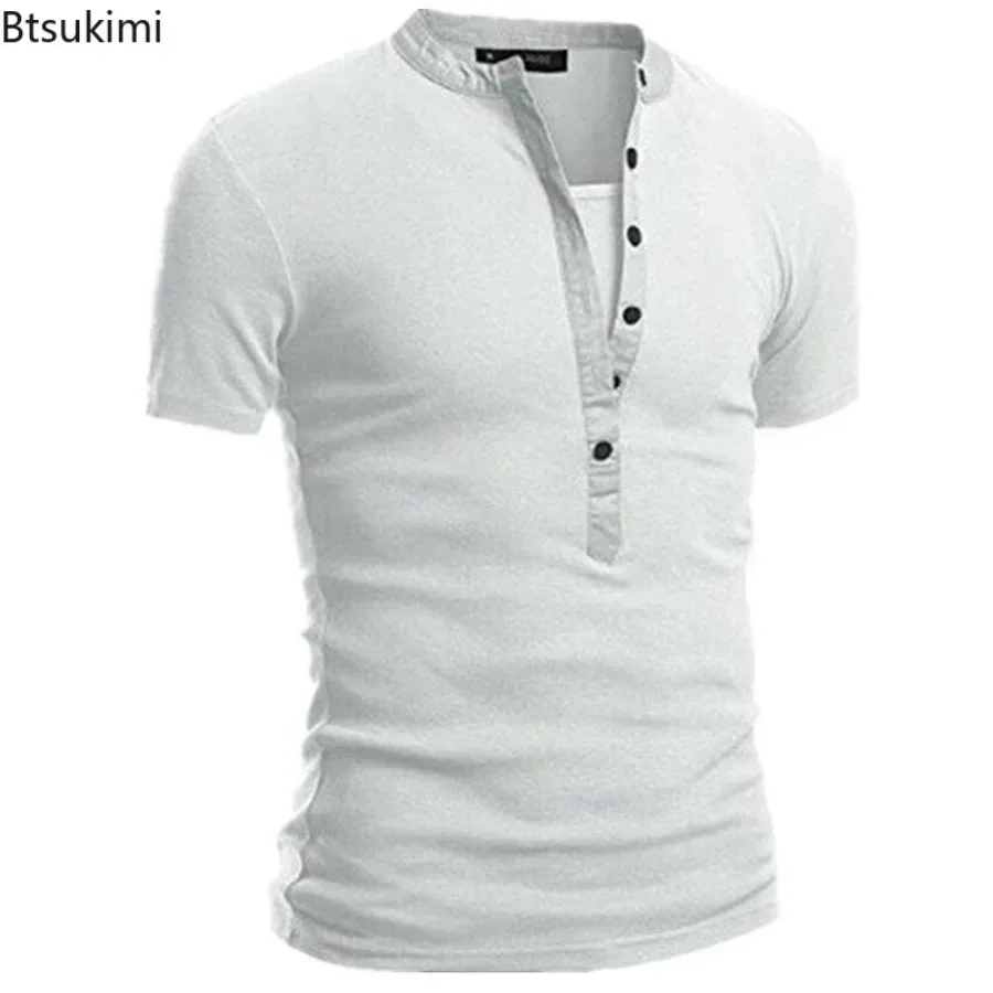 2025 Men's Summer Casual Shirts Solid V-neck Button Slim Fit T-Shirts for Men Fashion Short Sleeve Tees Tops Men Clothing S-3XL