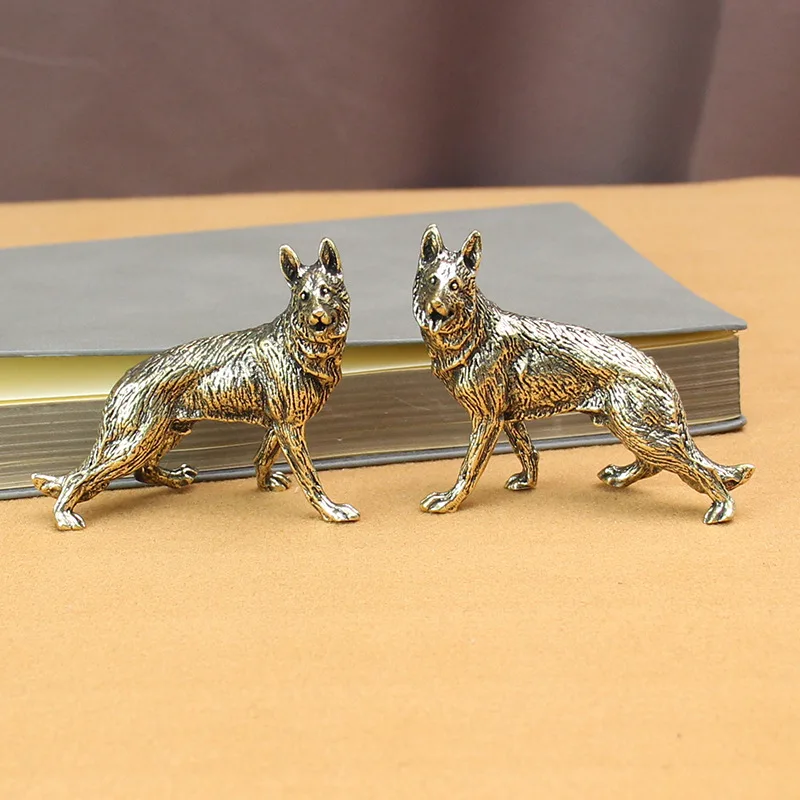 Vintage German Shepherds Dog Statue Ornament Pure Brass Animal Miniature Figurine Living Room Desk Decoration Accessories