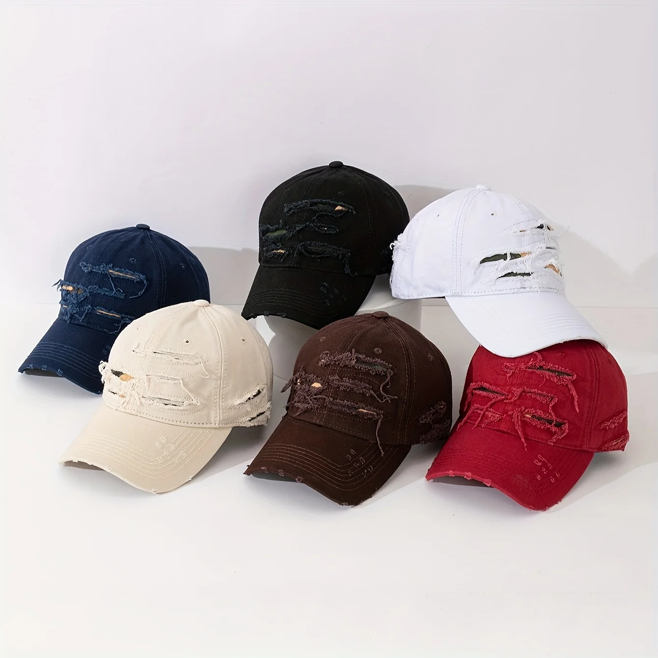 1pc raw-edged special washed baseball cap with embroidered text on the back, street style with scratches, rips, and multi-layer
