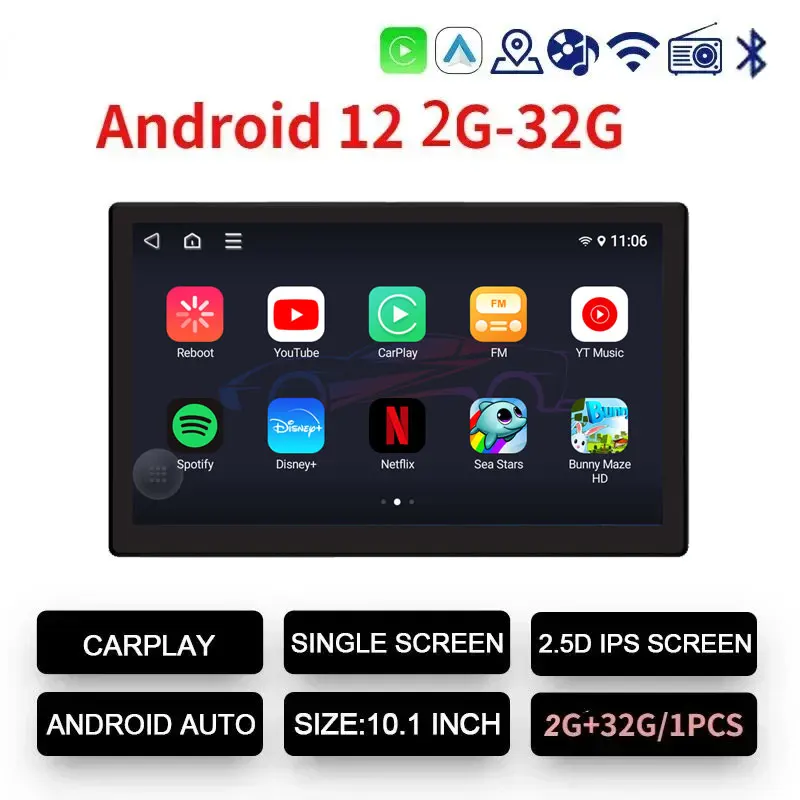 10.1 ''Auto Hoofdsteun Monitor Tablet Schermen Draadloze CarPlay Android 12 2 + 32G Auto Achterbank Video TV Speler FM Bluetooth HD Touch