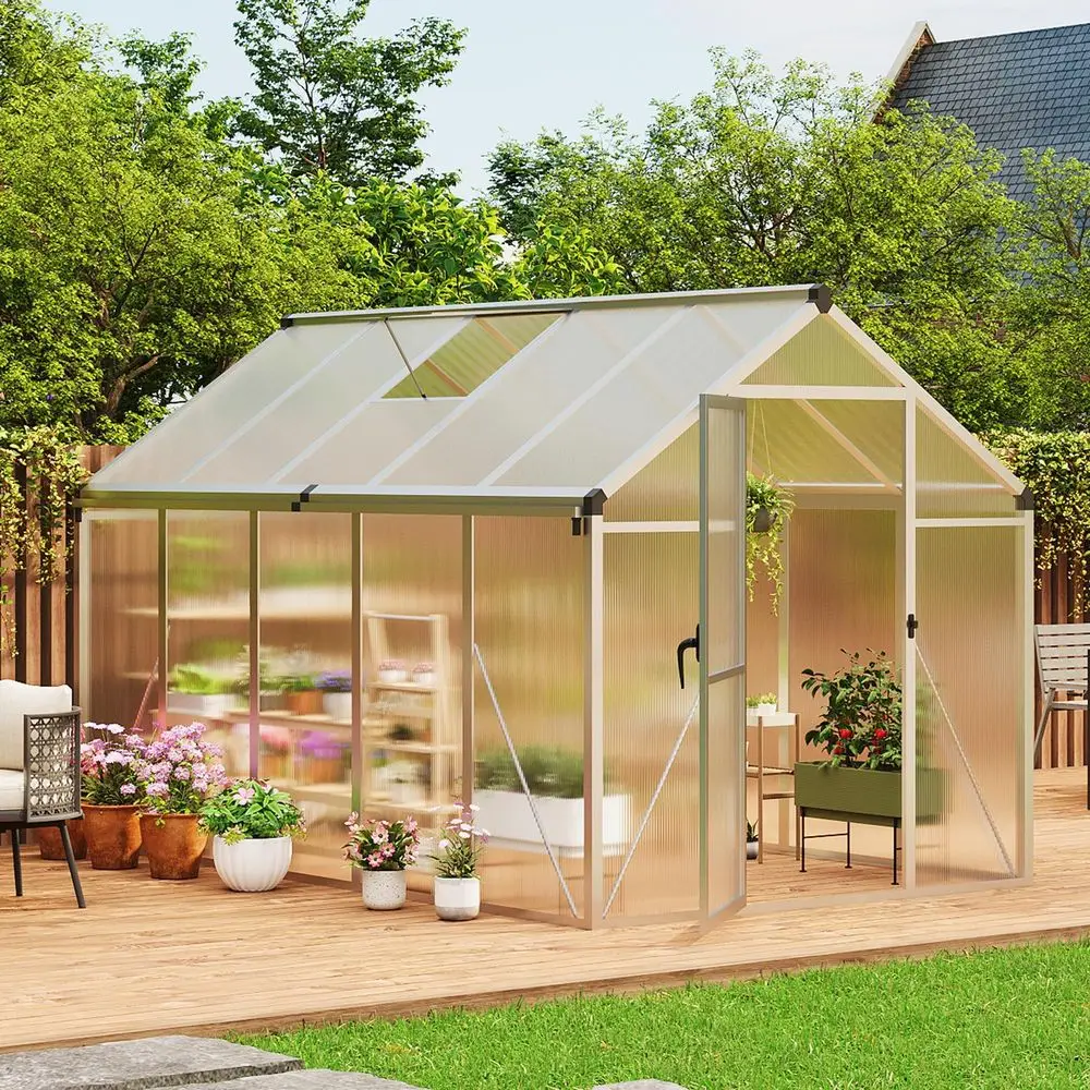 

x 10 FT Greenhouse, Outdoor Greenhouses, Polycarbonate Panels with Aluminum Frame, Adjustable Roof Vent and Lockable Door, Gree