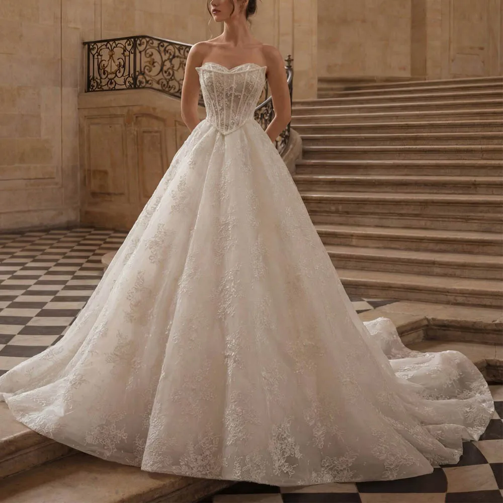 

Индивидуальное свадебное платье в стиле барокко с винтажным бисерным кружевом, силуэт А-силуэт, декольте «сердечко», корсет, шлейф, Vestidos de novia