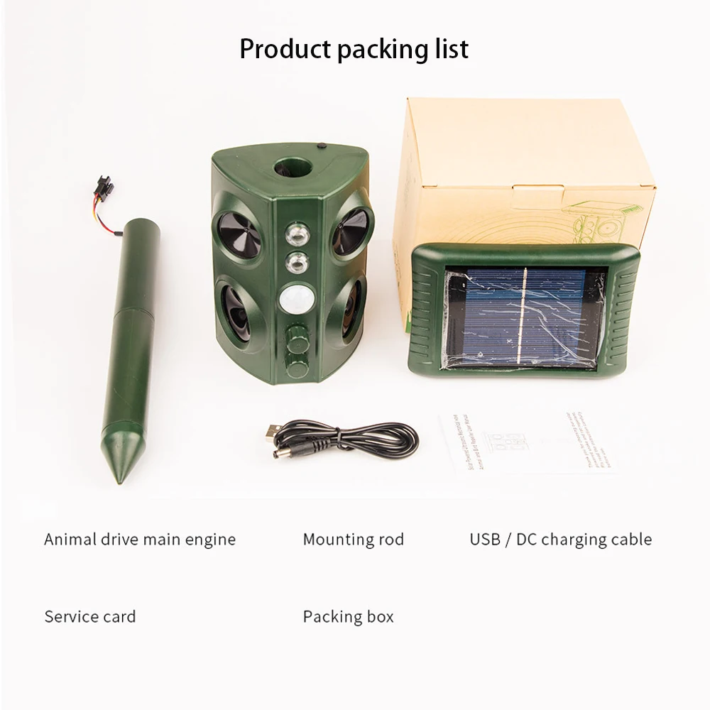 Solar animal repeller, frequency conversion ultrasonic LED flash buzzer drive infrared sensing multi-level adjustment