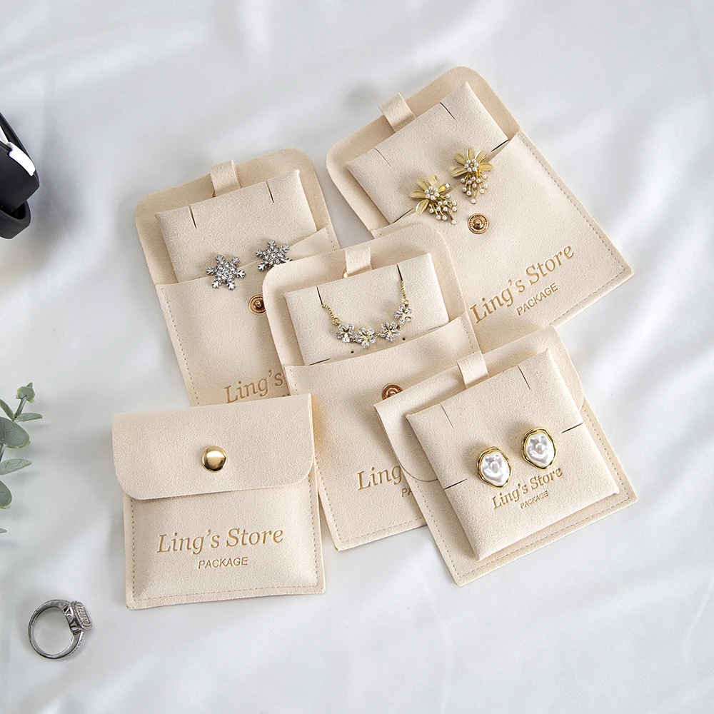 

20/50/100Set Beige Personalized Logo Jewelry Microfiber Snap Bag 8x8cm Button Pouch Insert 6x6cm Earring Studs Pad Necklace Card