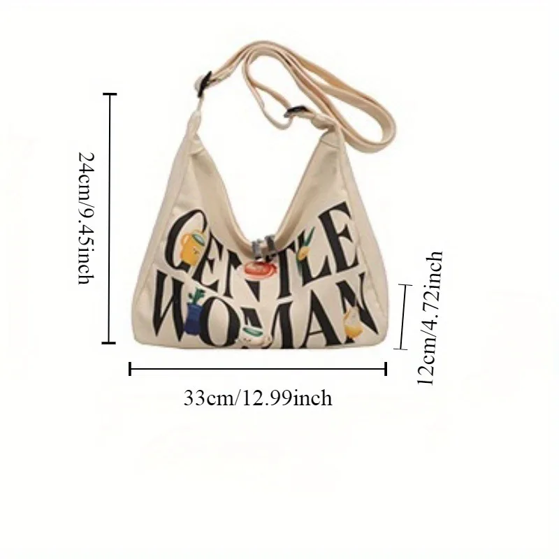 Cartoon Printed Canvas Crossbody Bags with Letters, Simple and Versatile Large Capacity Shoulder Bag, Suitable for Commuting