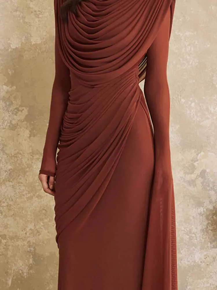 

Simple Solid Color Pleated Robe Dress New 2026 Fashion High Waisted Party Dress Vestido Women's O-neck Long Sleeved Spring Dress