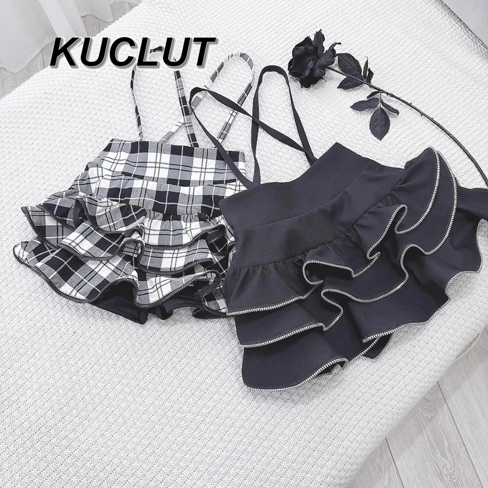 Japanese Mine Lace Collar Small Tie Short Sleeve Shirt Goth Shirts Y2k Top Ruffle Edge Puffy Strap Short Skirt Culottes Set Girl