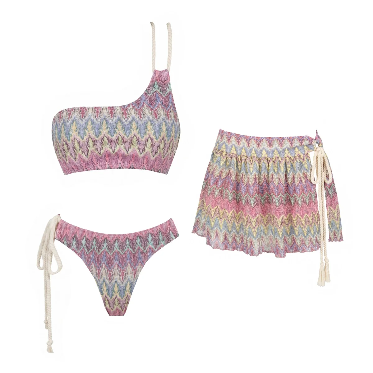Gehäkelter Bedruckter 3-teiliger Sexy Bikini 2026 Neuer Badeanzug Damen Bademode Weiblicher Minirock Strandkleidung Badeanzug Schwimmanzug