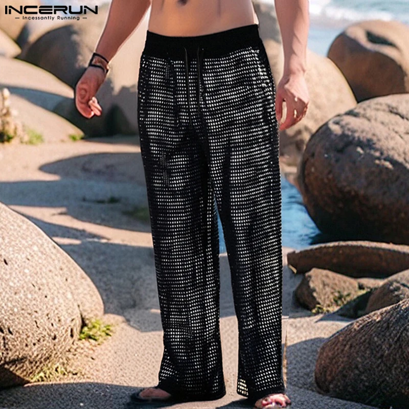

INCERUN Fashion Summer Mesh See-through Long Pants Men Casual Pants Streetwear Trouser Transparent Bottoms Oversize S-3XL