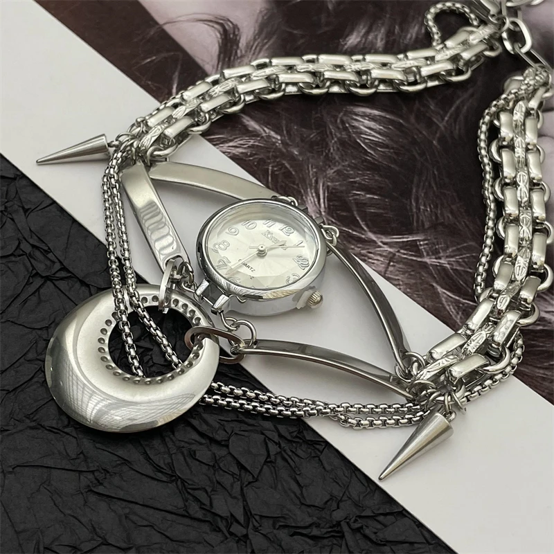 HUANZHI Heavy Duty Silver Color Clock Necklace Vintage Punk Mechanical Choker Exaggerated Jewelry for Women Unisex New