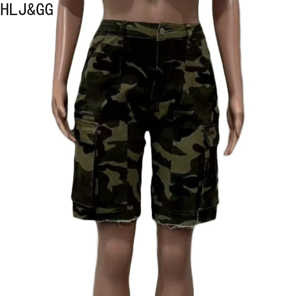 HLJ&GG Fashion Camouflage Cargo Jean Shorts Two Piece Set Women Spaghetti Strap Lace Splicing Bodysuits And Denim Shorts Outfits - view 5