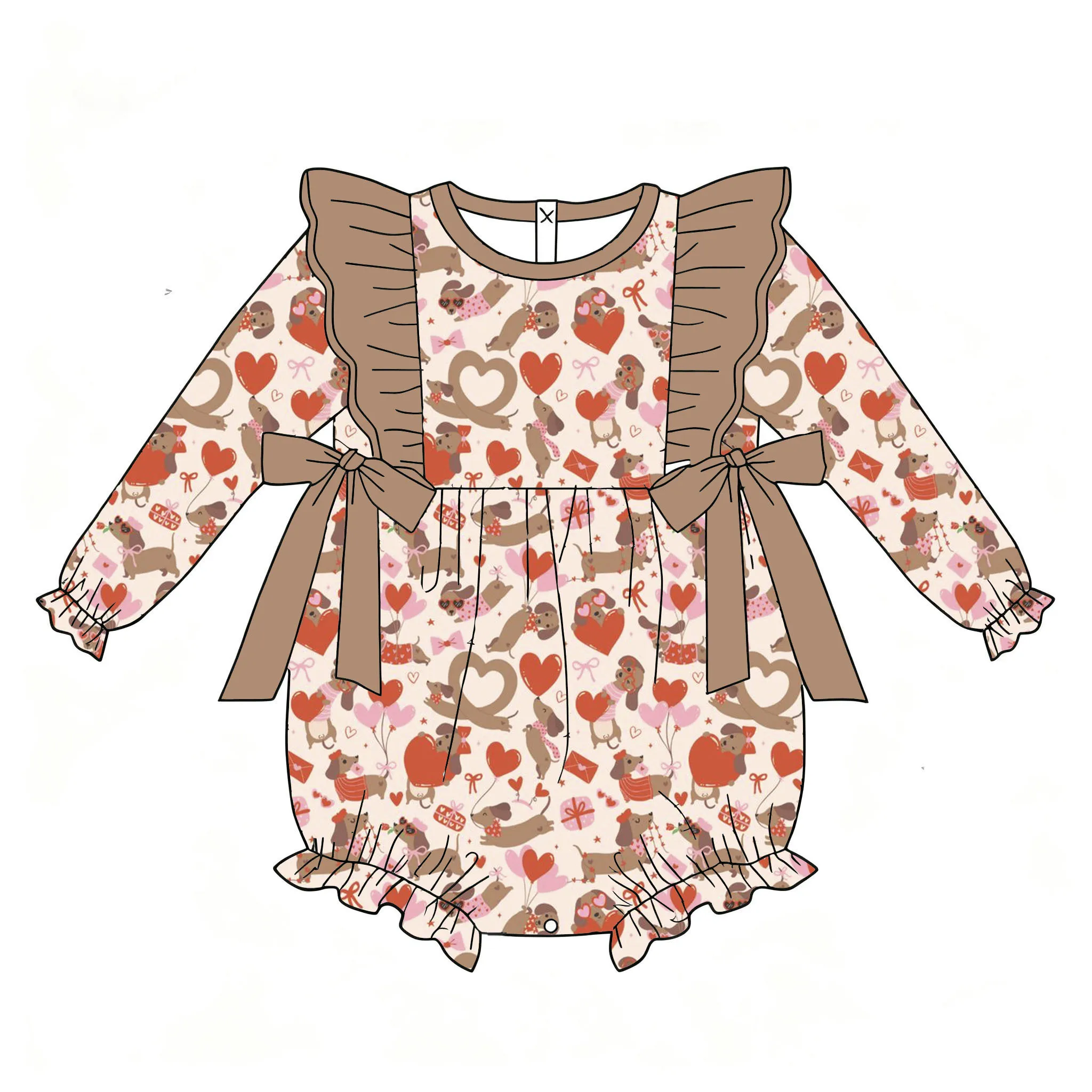 

Baby onesie Valentine's Day boutique children's suit long elastic dog love bow printed girl's onesie bow clothing