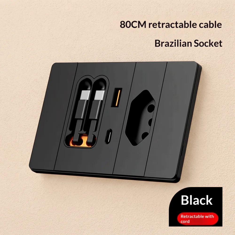 With Retractable Cable 118 Type Brazil Socket Panel 20W USB Fast Charging Multi-hole Retractable Cable Socket Brazil Type Type-C