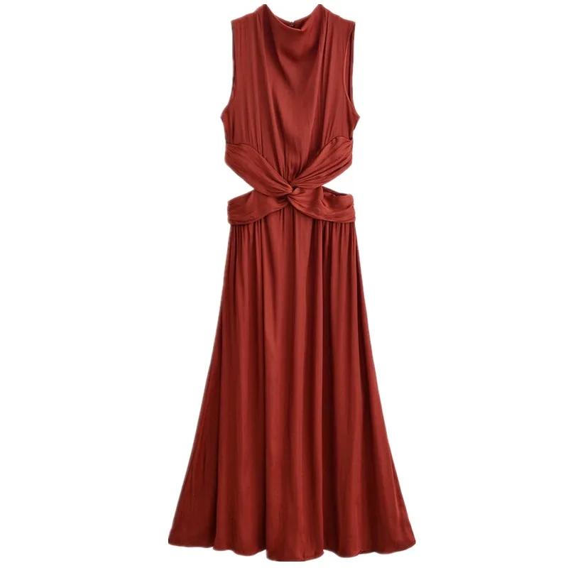 Vestido Midi de Mujer Primavera Verano 2025, Textura de Satén de Seda, Diseño Abierto, Estilo Casual, Sin Mangas, Material 0...