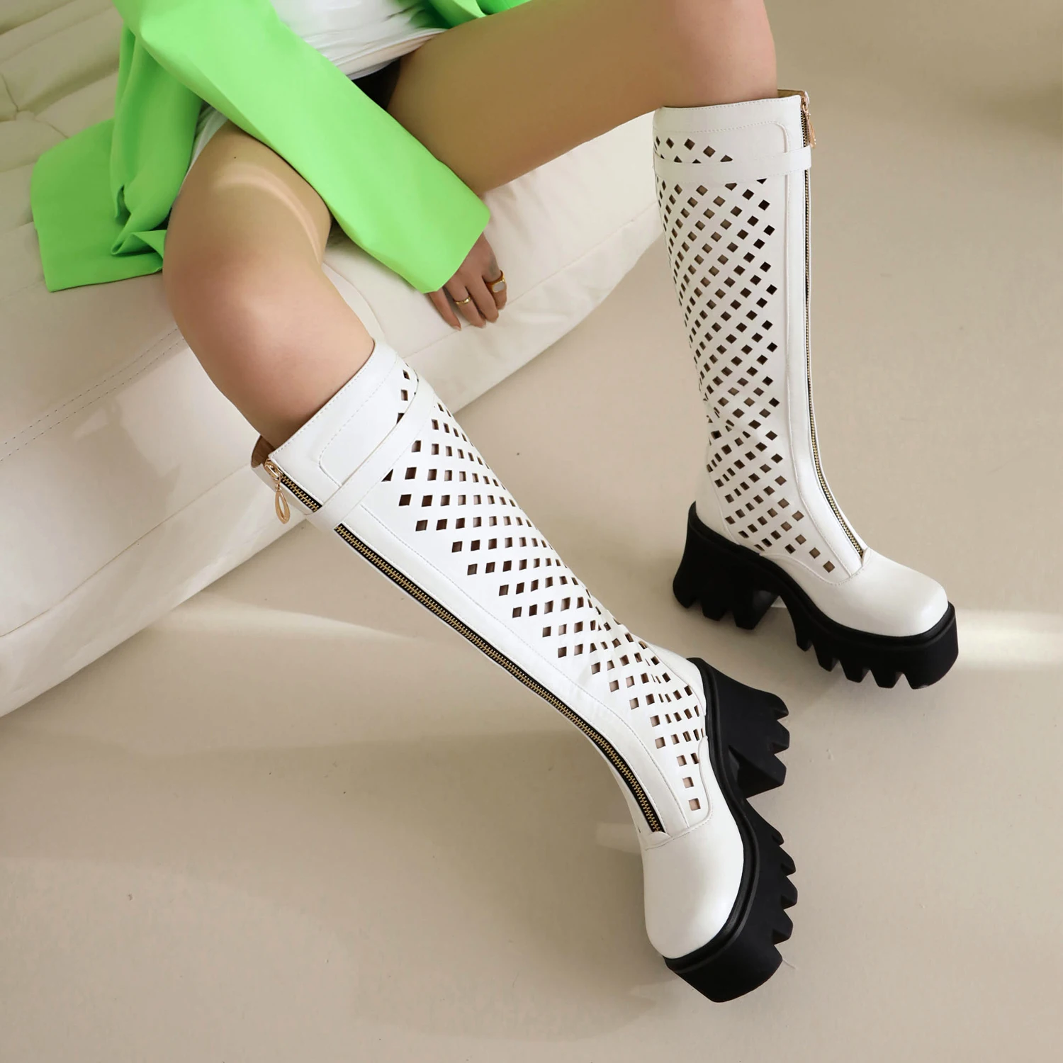 BIG Buckle Summer Women Knee-high Boots Mesh Bota V-mouth Breathable NetKnight Boots Thick Bottom Hollow Shoes High Heel Summer