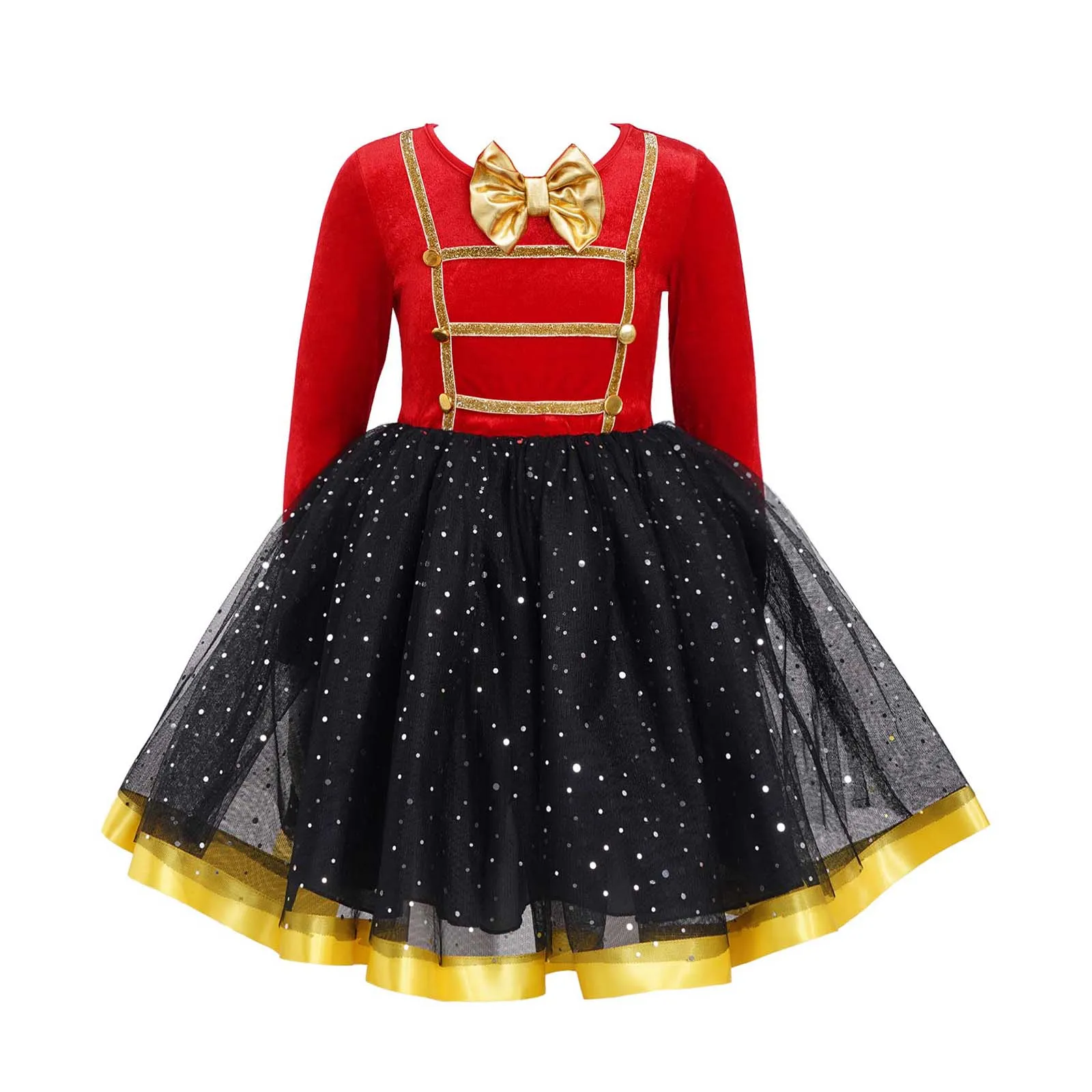 

4-14Y Kids Girls Halloween Circus Cosplay Costume Performance Dress Long Sleeves Velvet Bodice Sequins Mesh Tutu Dance Dress